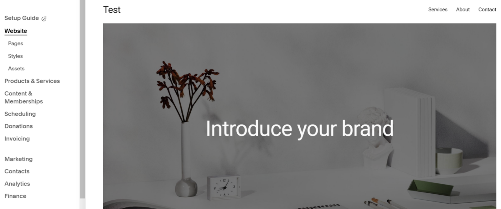 Squarres空间 博客平台 shows navigation for website and pages, products, memberships, marketing, analytics, and more.