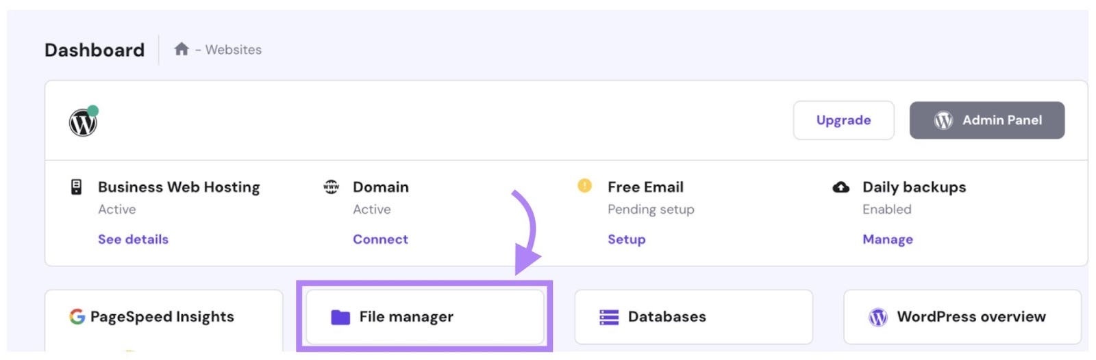 A built-in file manager on a hosting platform dashboard to find, edit, delete, 和 add website files.