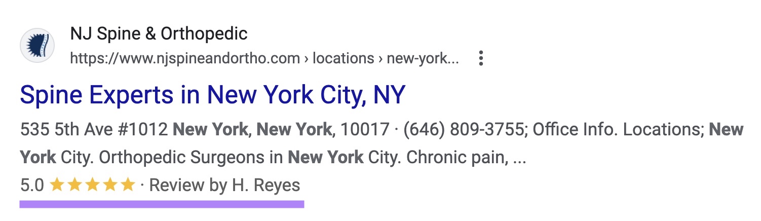 Medical schema showing a star rating和by who it was given on a SERP listing.