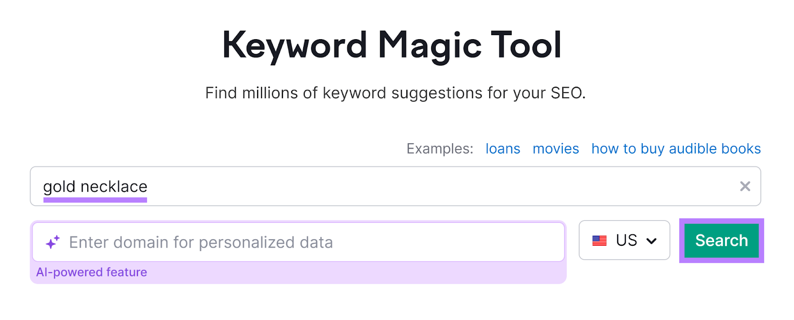 Semrush 关键字魔术工具 start with keyword和search button highlighted