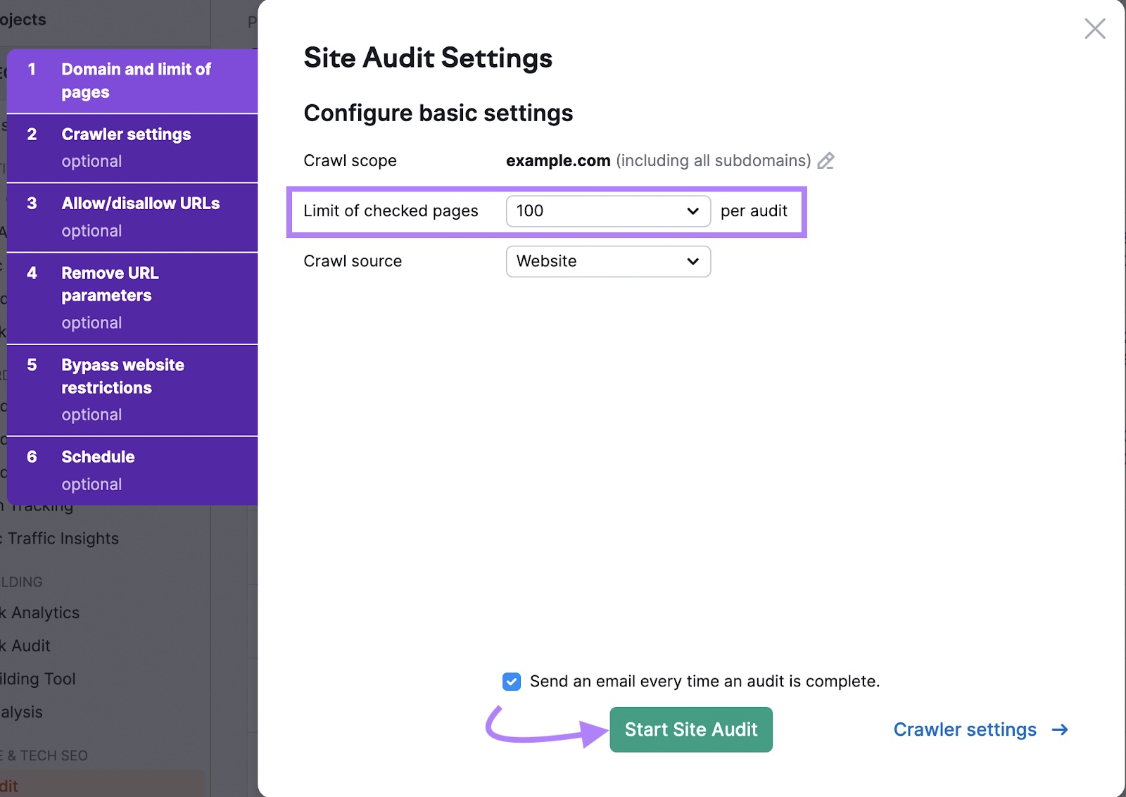 现场审核 settings page to select crawl scope, source和limit of checked pages.