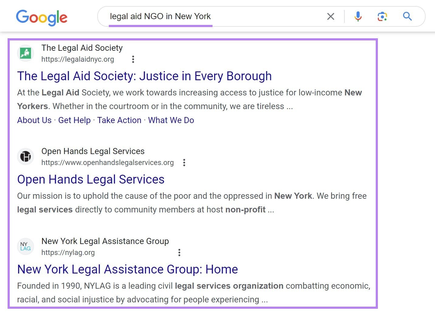 Google SERP for “legal aid NGO in 新的 York”