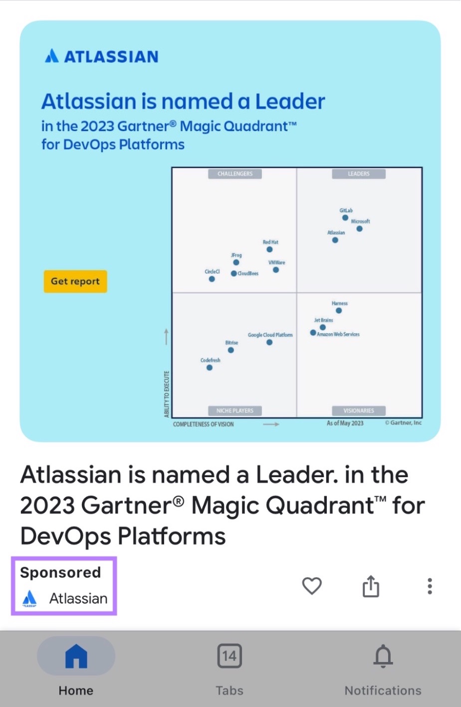 Atlassian's promotion of industry recognition on the 谷歌发现 feed