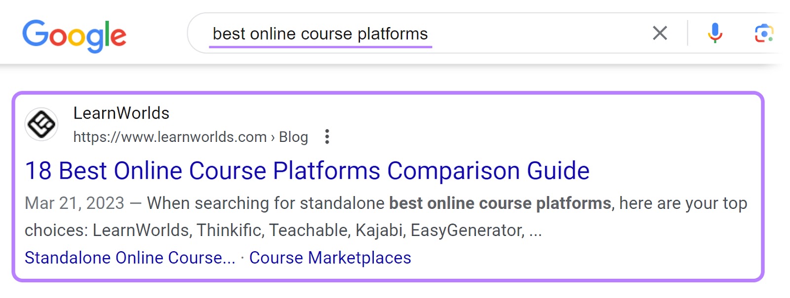 LearnWorld's result on Google SERP的 for “best online course platforms” query