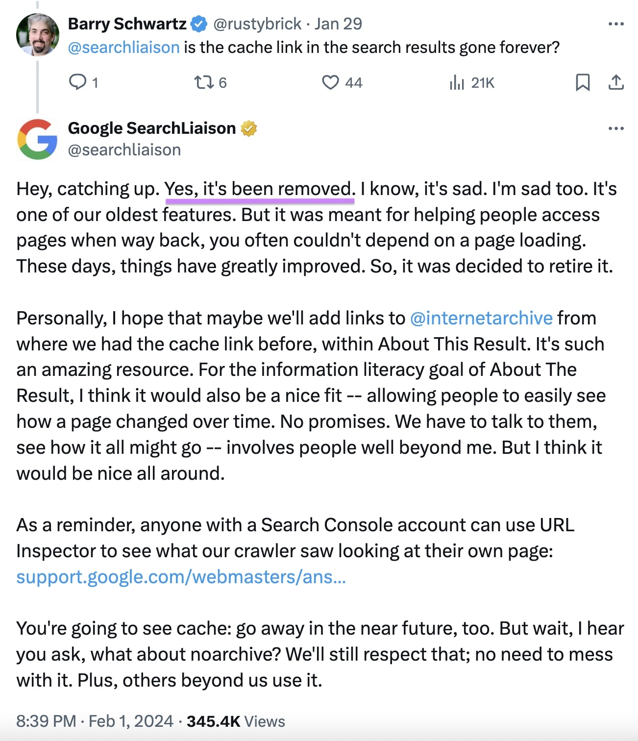 Google Search Liaison's post on X confirming that the search engine had removed the “缓存的”links from its SERP的s