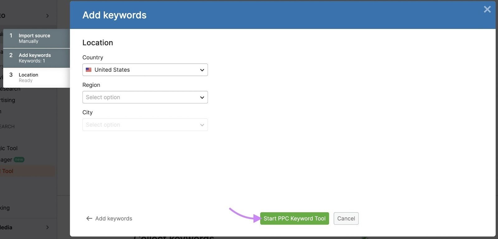 add your target location to PPC关键字工具