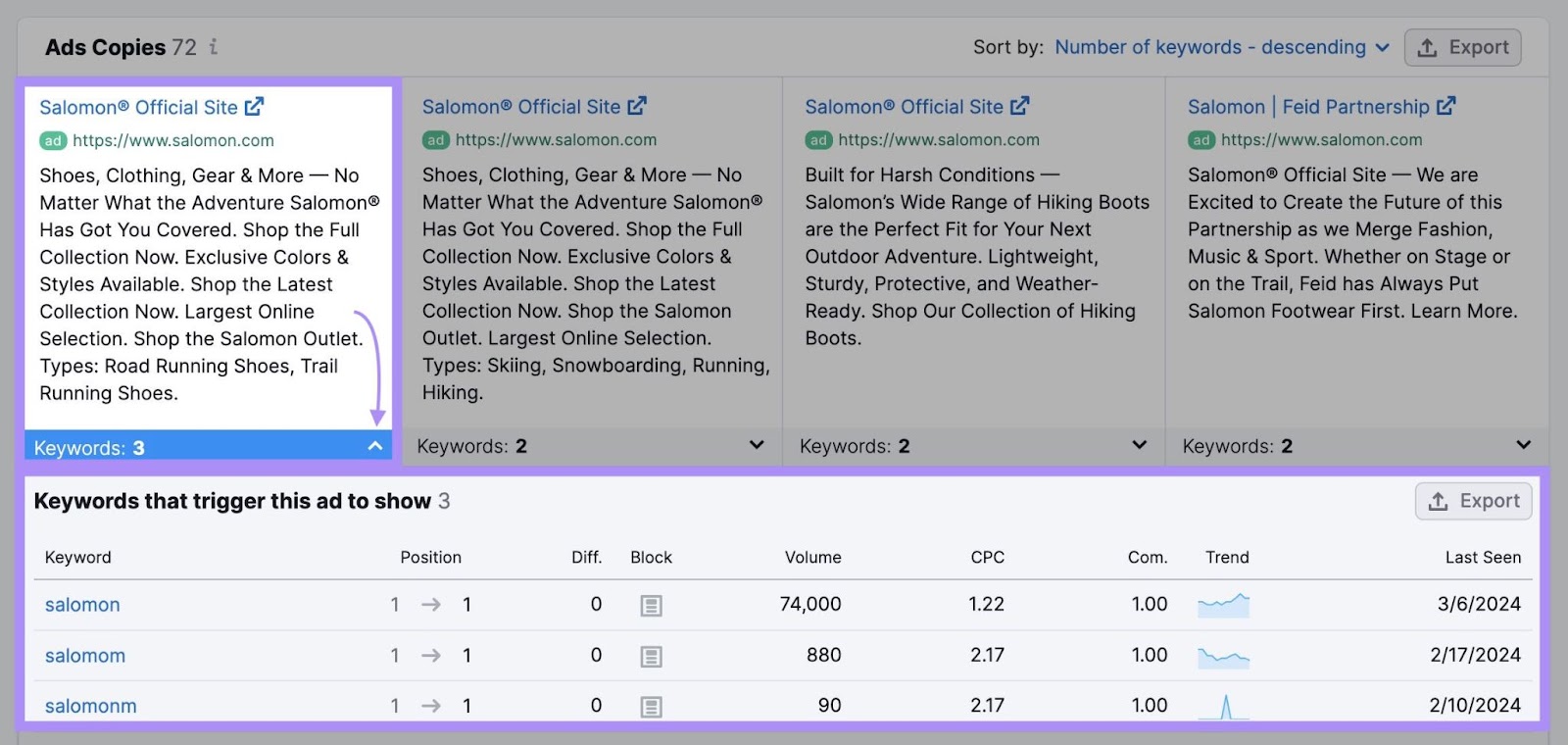 Example of competitor ad copy in the 广告研究 tool.