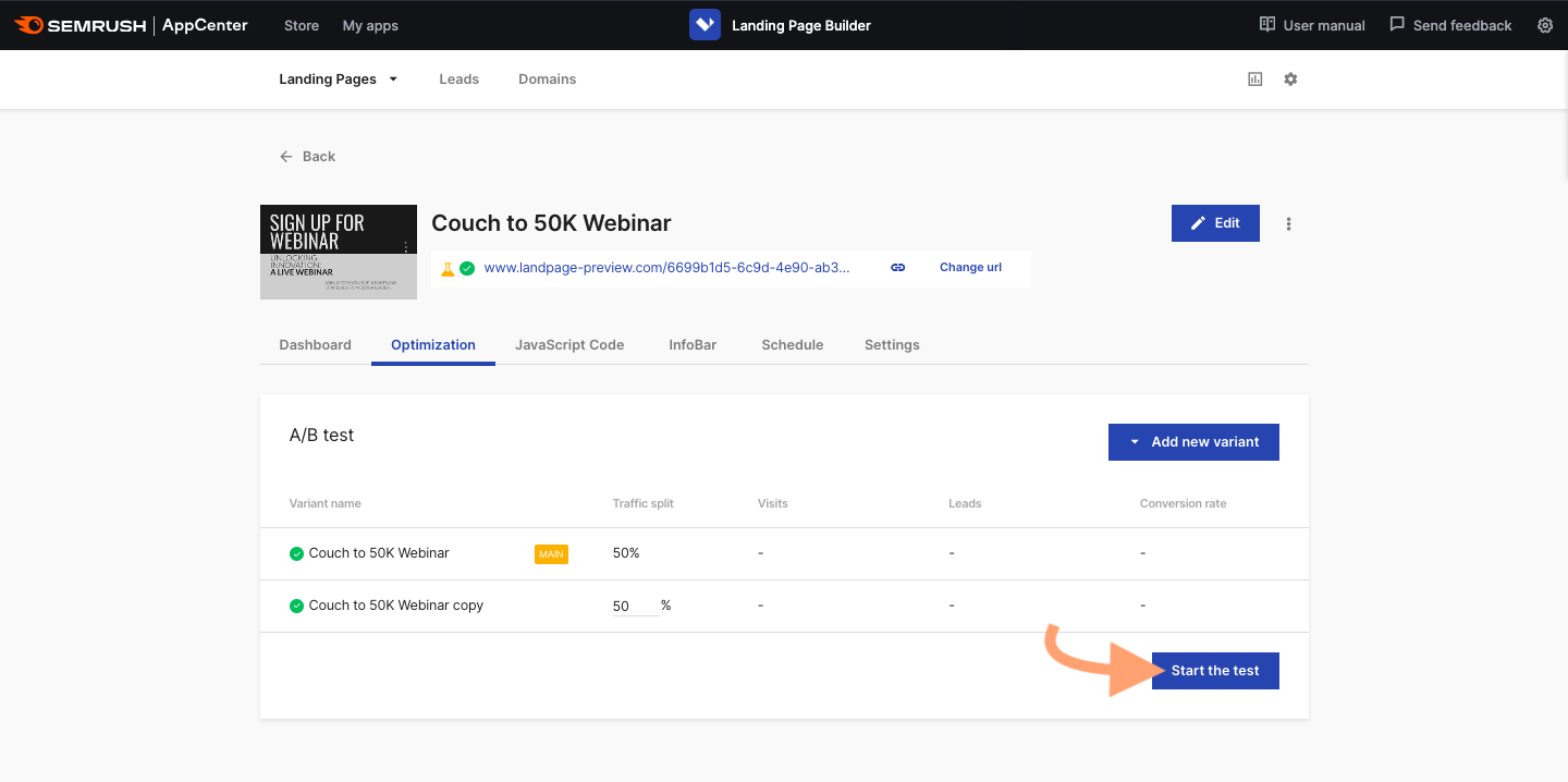 该optimization tab in the 着陆页生成器 dashboard with the start the test button indicated.