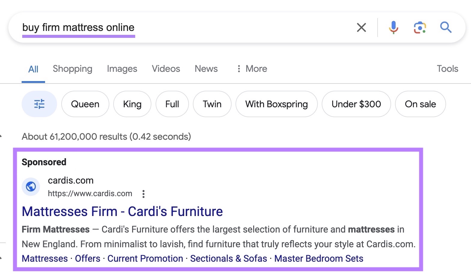 Google search ad appearing for “buy firm mattress online