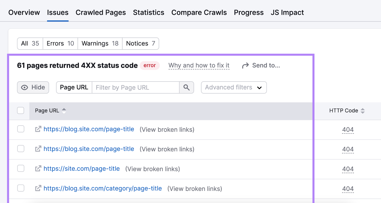 A list of broken pages with 4xx status code found in 现场审核 tool