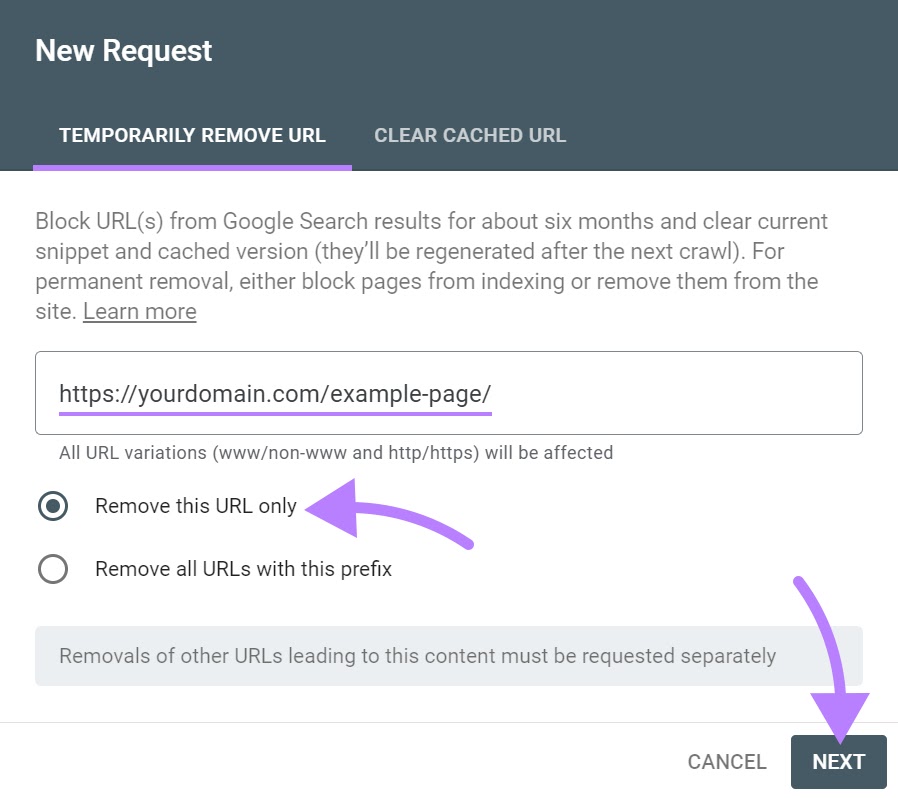 Example URL entered under “暂时删除URL” tab