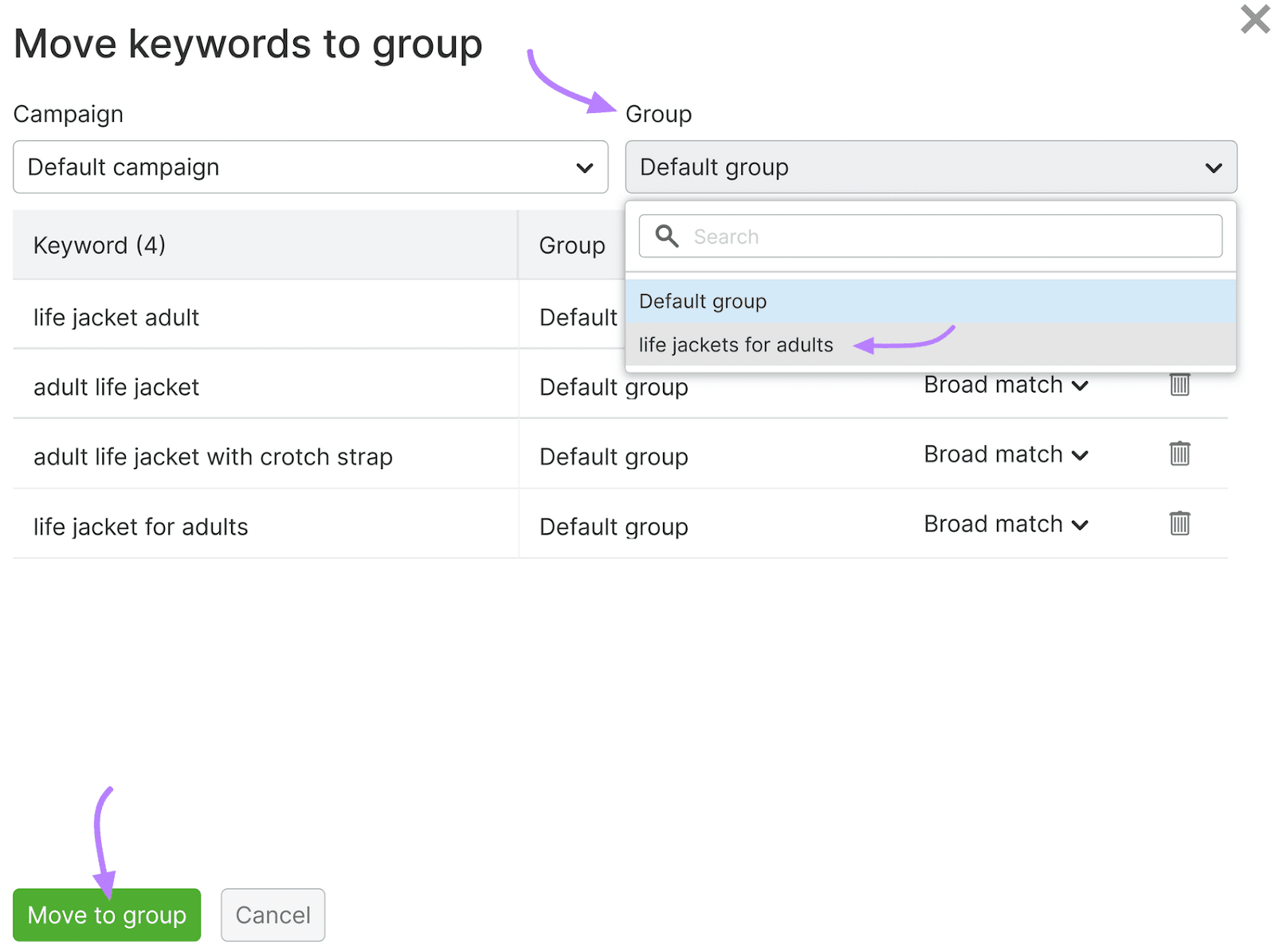 Popup for assigning keywords to groups in PPC关键字工具, with options to select a group and move keywords to the group.