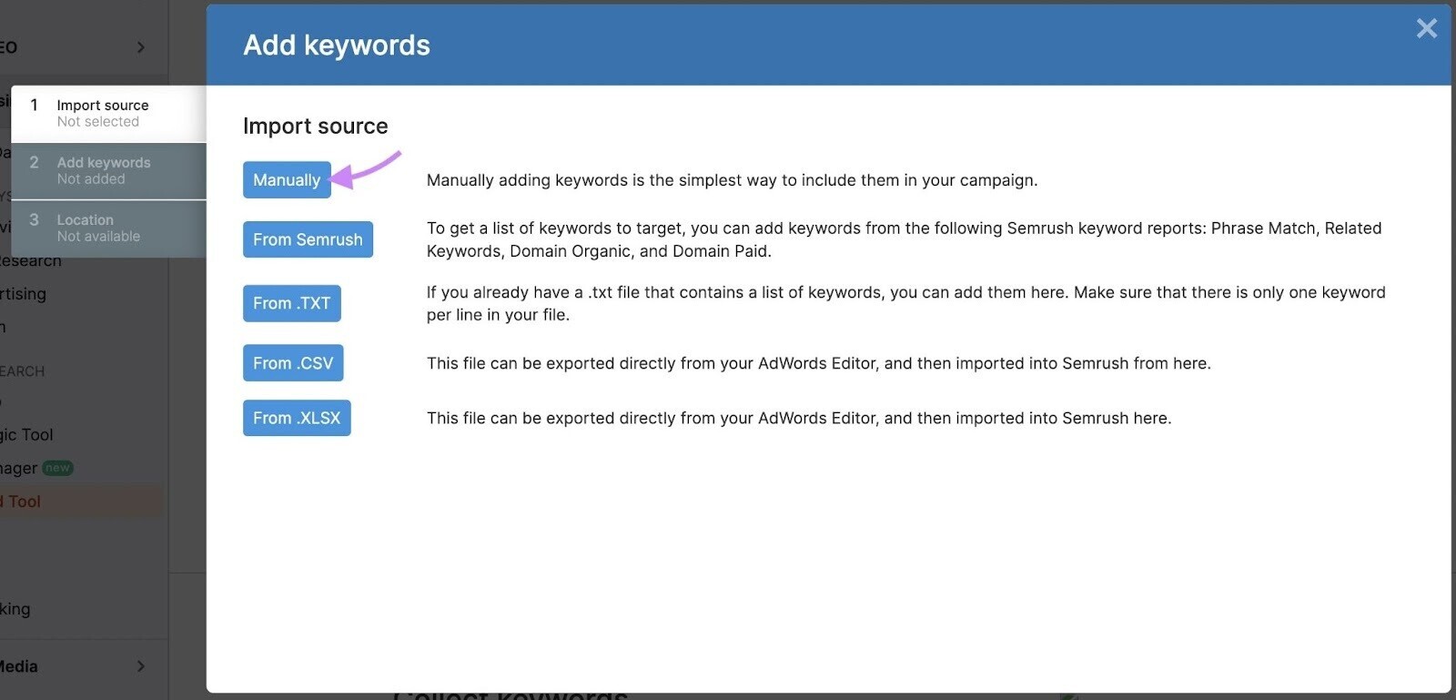manually add keywords to PPC关键字工具