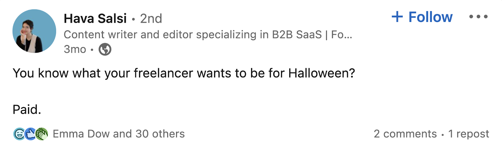Hava Salsi's 领英 post making a joke about freelancers and Halloween