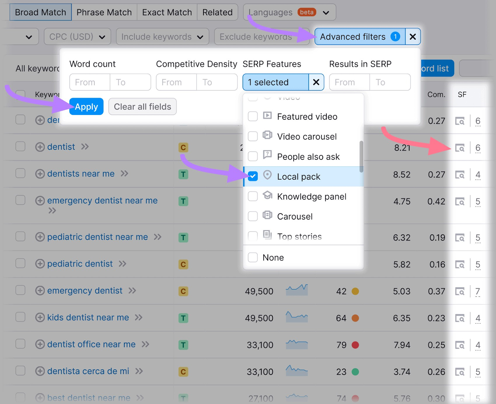 Filtering 关键字魔术工具 results by local pack SERP feature
