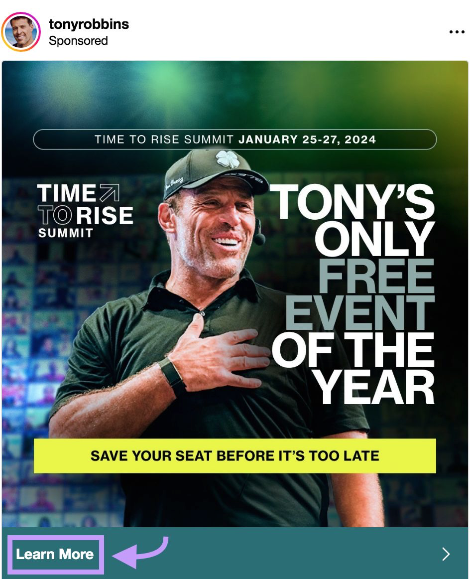 Paid Instagram ad from Tony Robbins, with the 