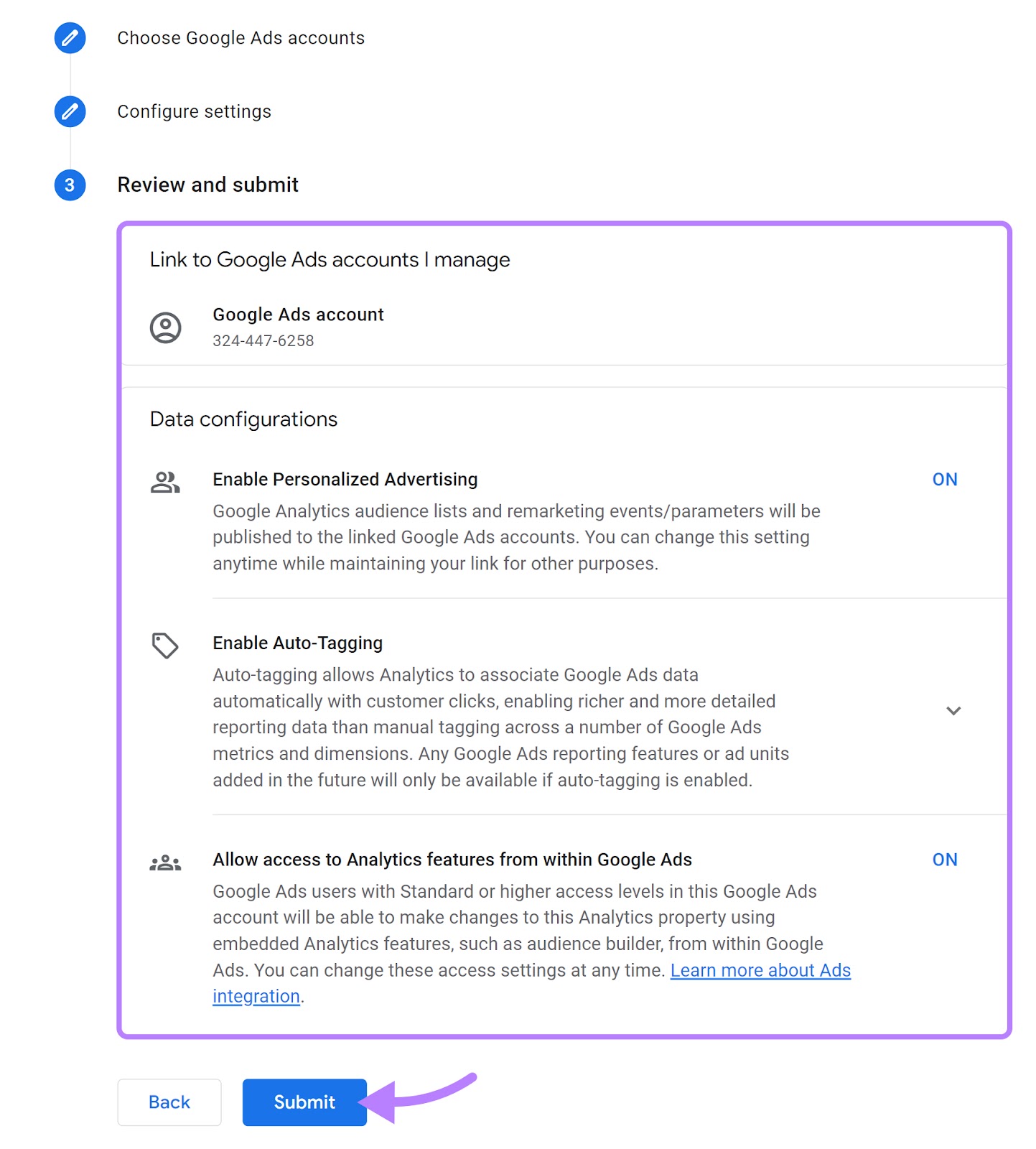 Configure the settings to link to 谷歌广告帐户s