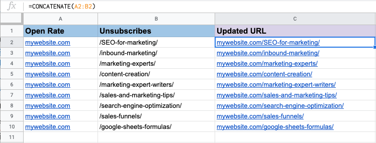 CONCATENATE 公式 in Google Sheets example