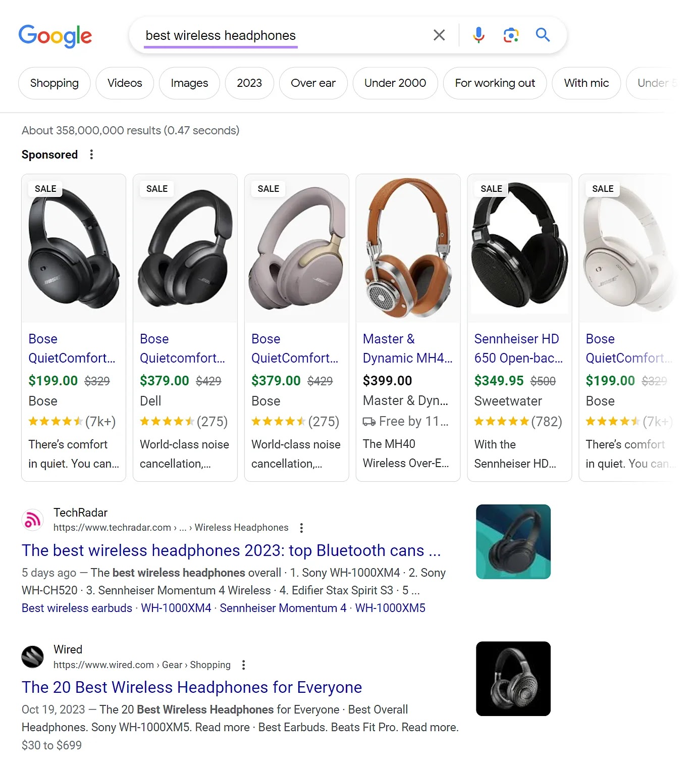 Google SERP的 for “best wireless headphones” query