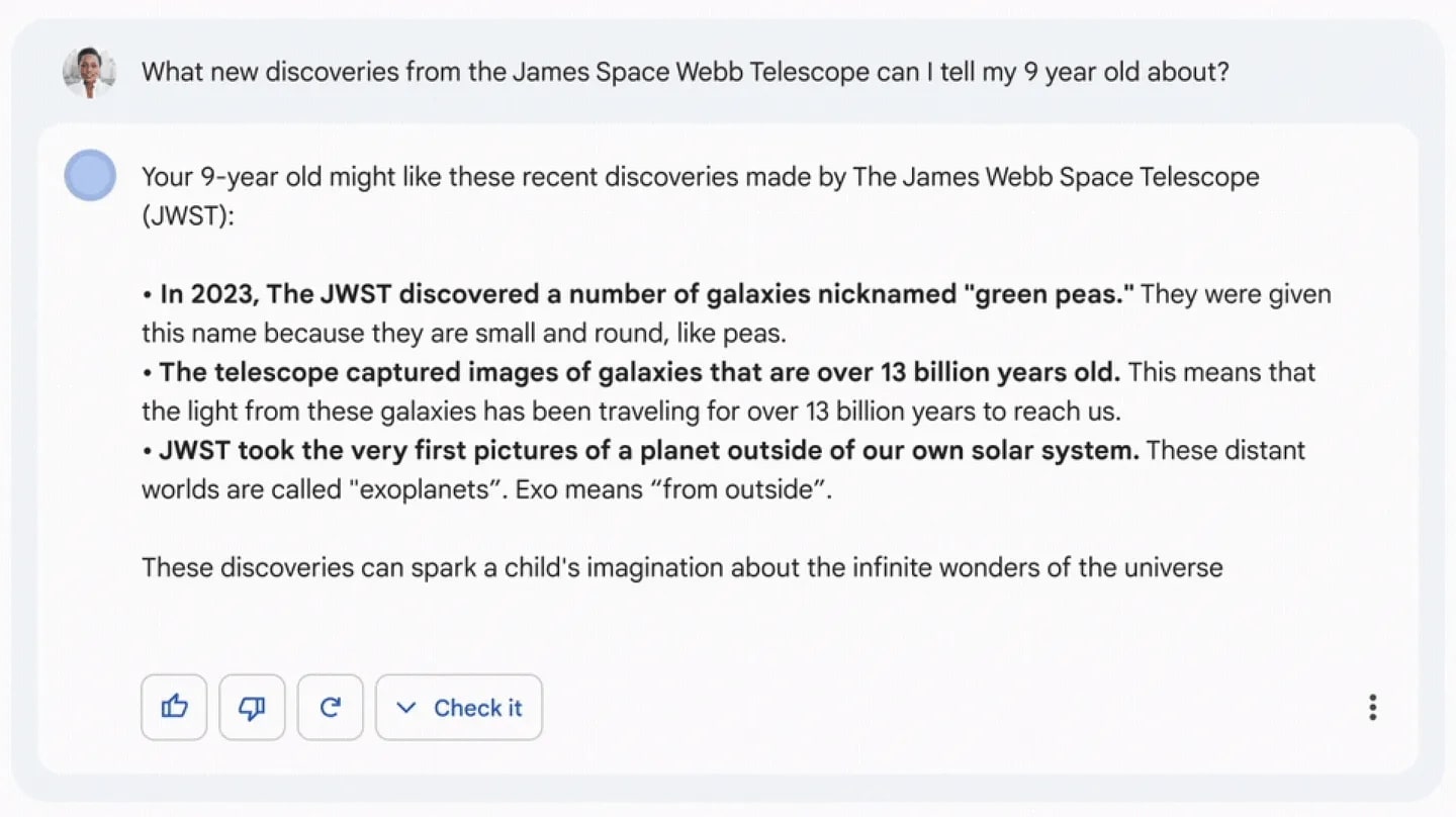 吟游诗人's response to “What new discoveries from the James Webb Space Telescope can I tell my 9-year-old about?” prompt