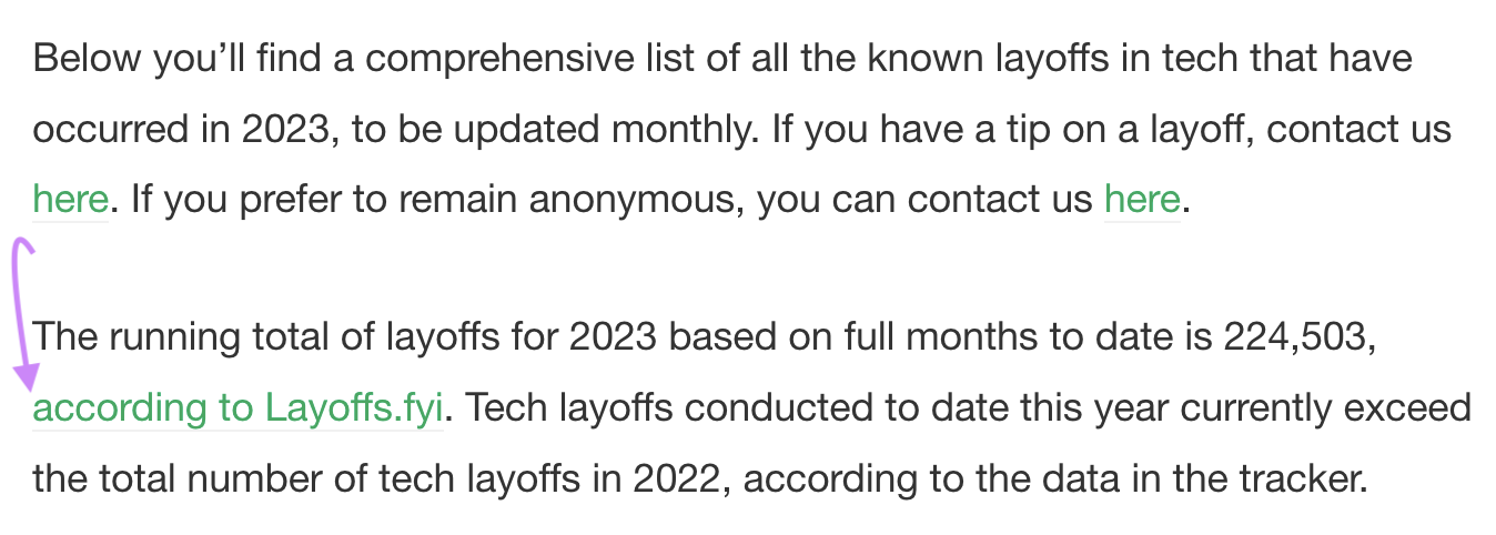 A 反向链接 from TechCrunch's article to Layoffs.fyi
