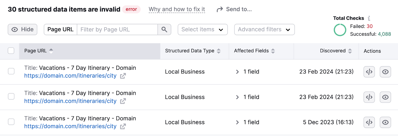 page url of invalid structured data item, the data type such as local business schema，而the affected field