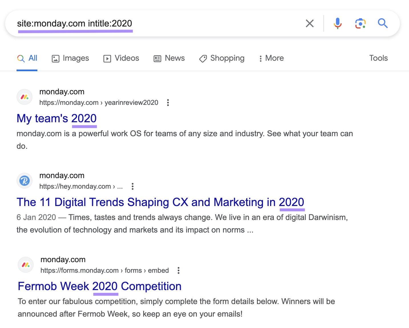 Google's SERP for “网站:monday.com 标题:2020” search query