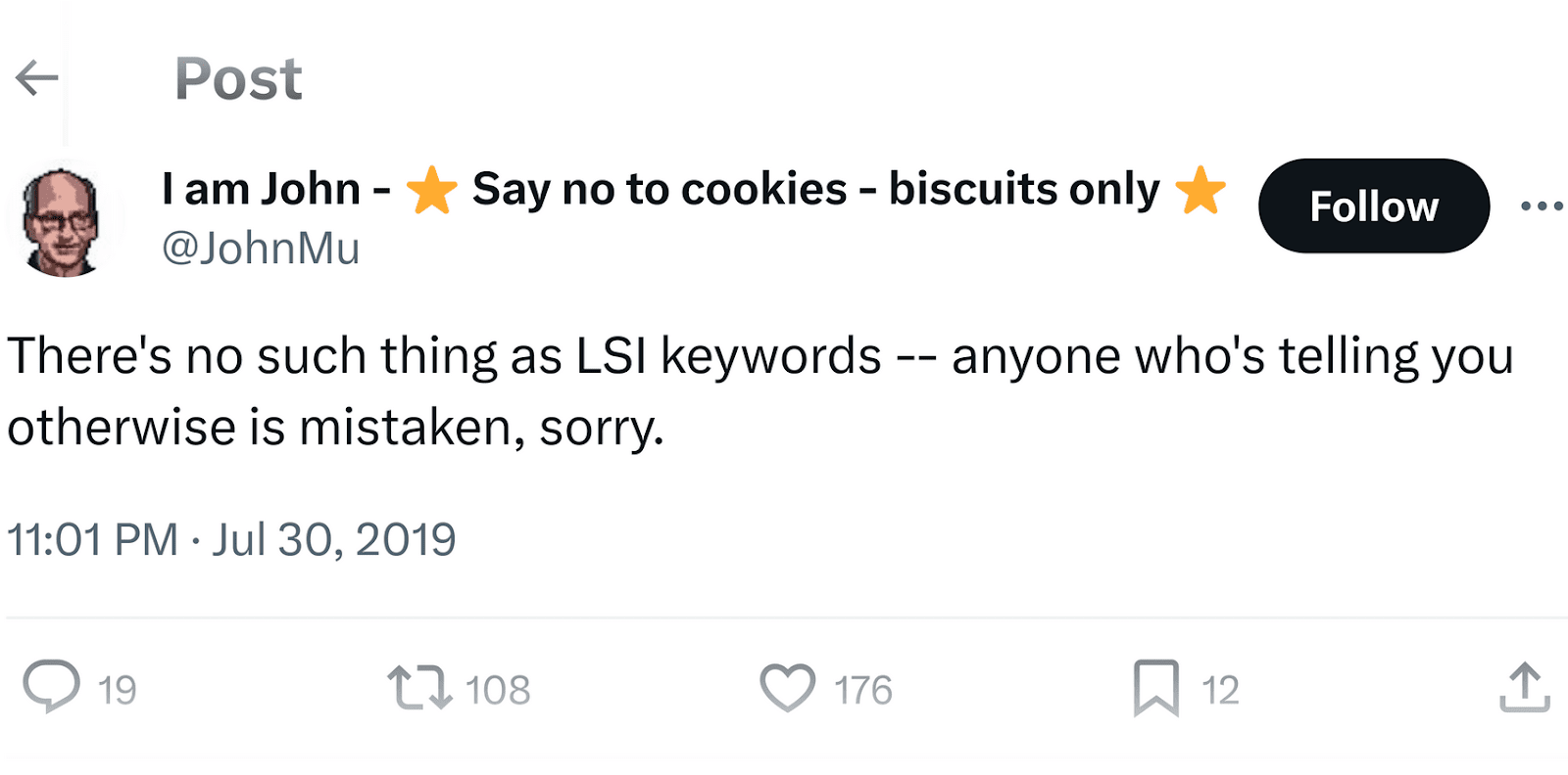 Google's John Mueller's post on X that reads 