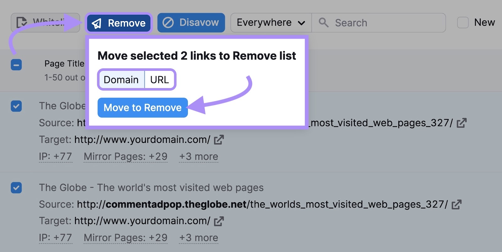 Move selected links to 移走 list in 反向审计