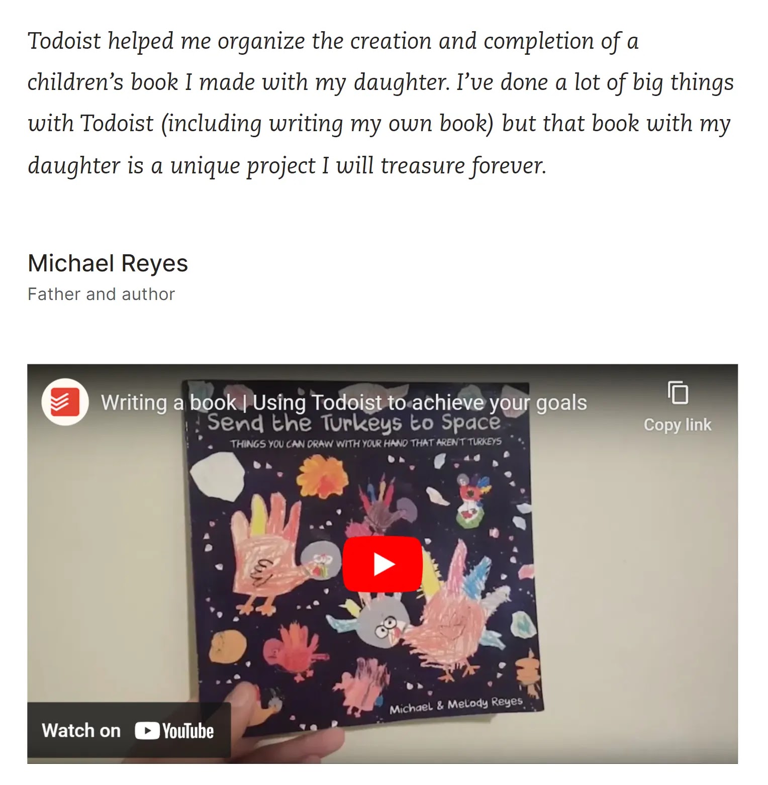A section of Todoist's page with user achievements, featuring a quote和video from a user