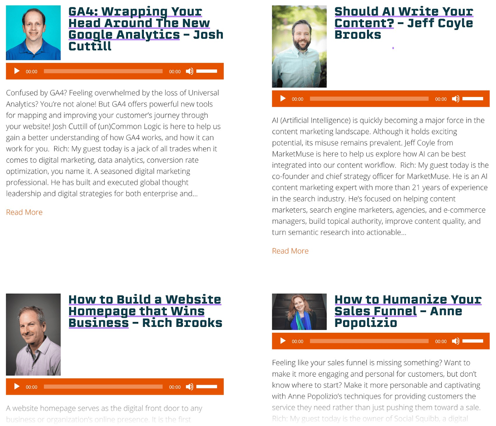 Four podcasts titles highlighted on 变革的代理人播客 page