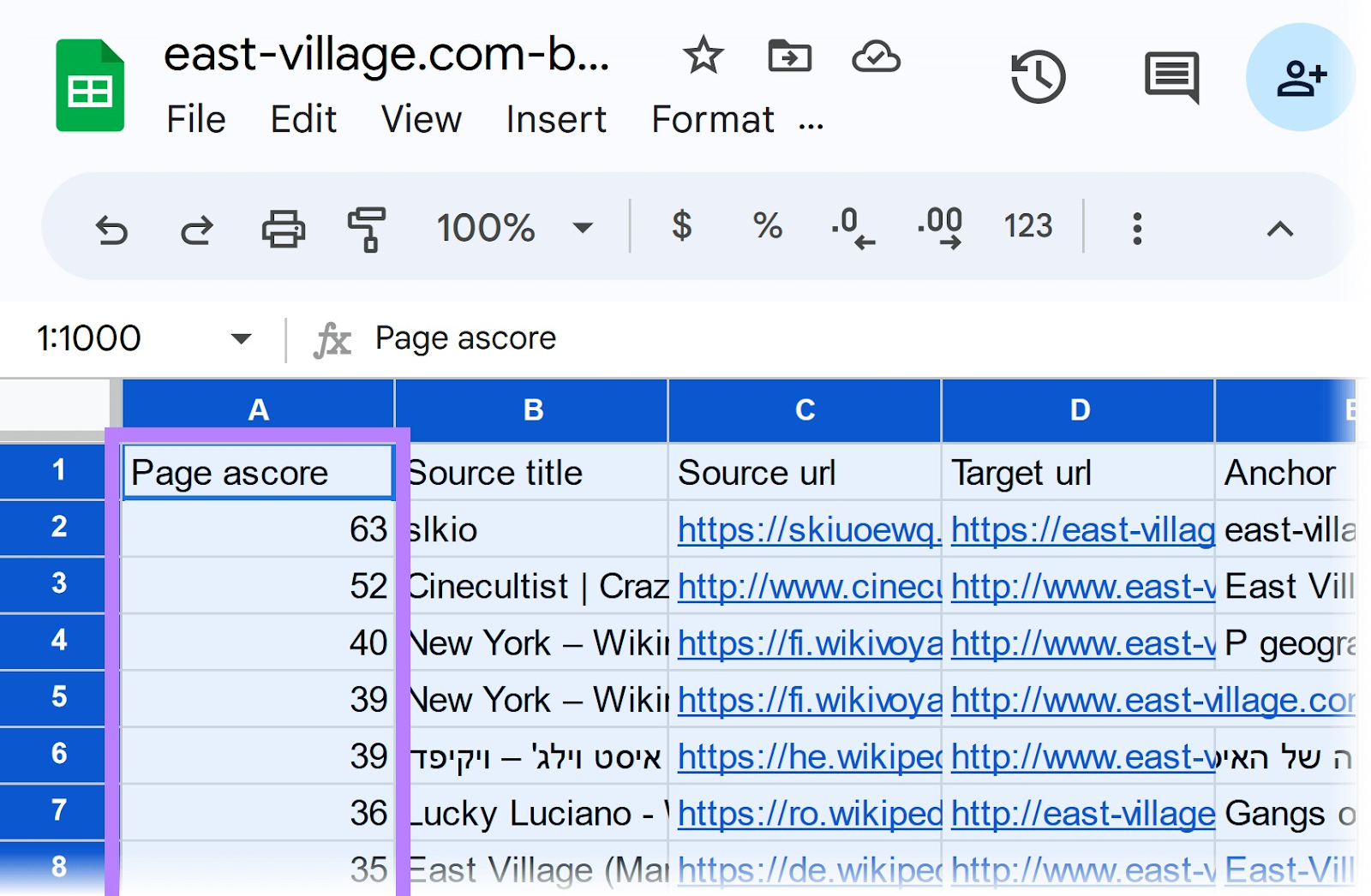 反向链接 exported in a spreadsheet