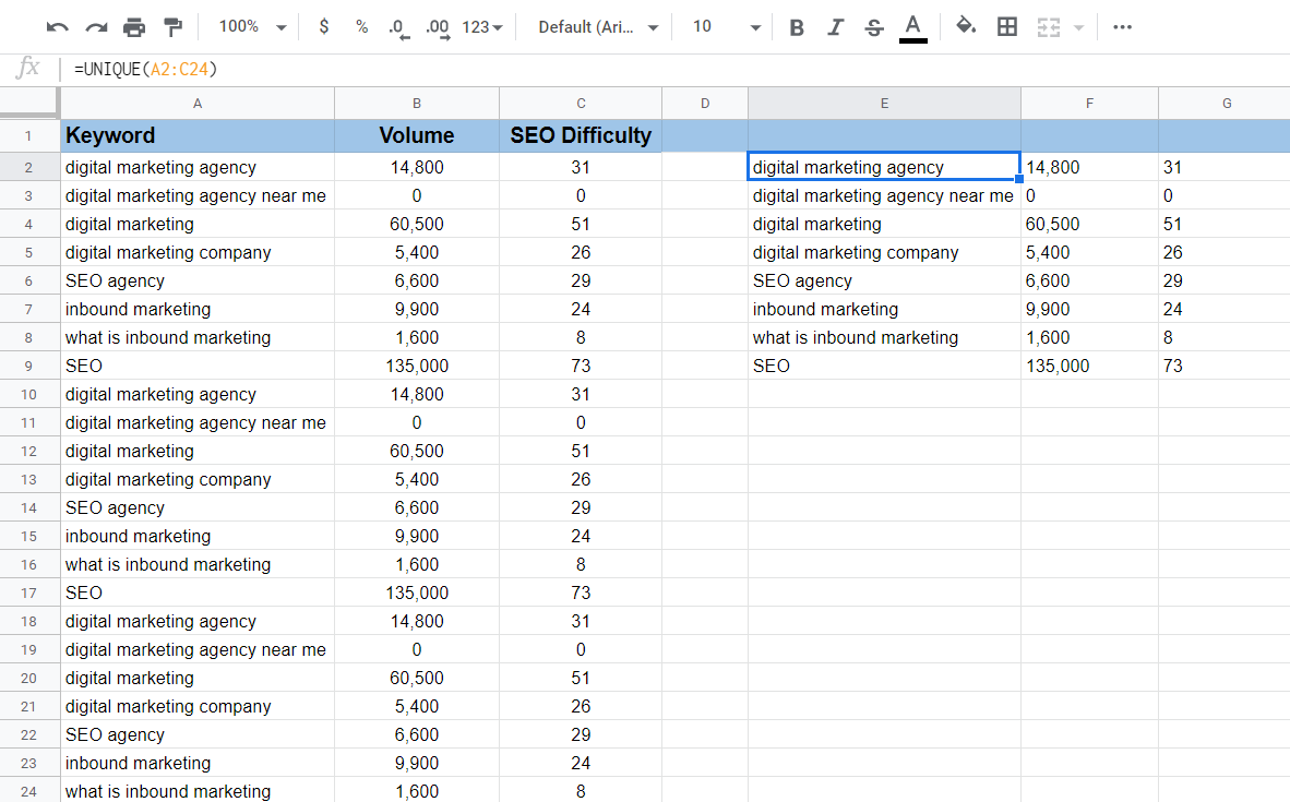 UNIQUE 公式 Google Sheets example