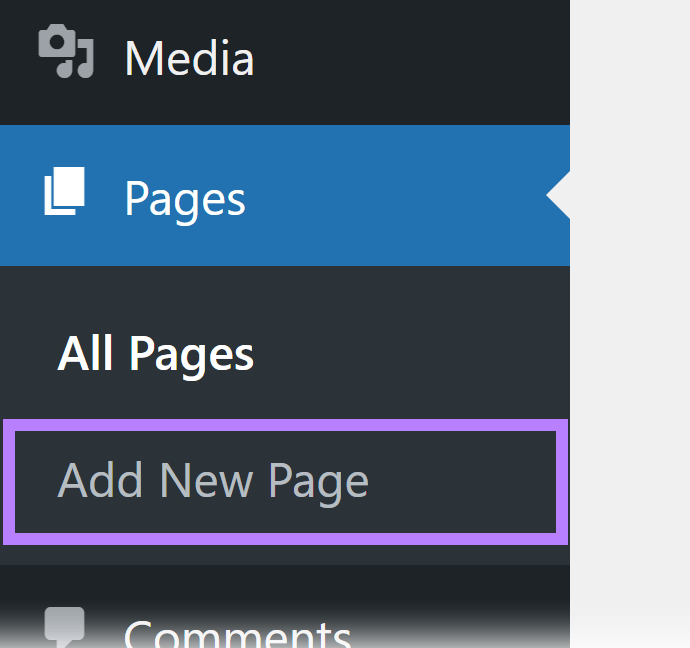 WordPress side menu showing option to 添加 新页.
