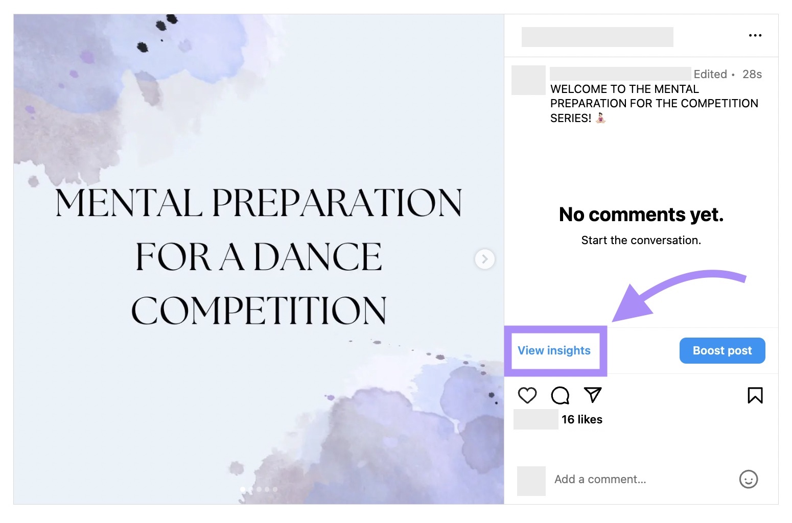 “查看见解” button highlighted on the right the post caption and comments