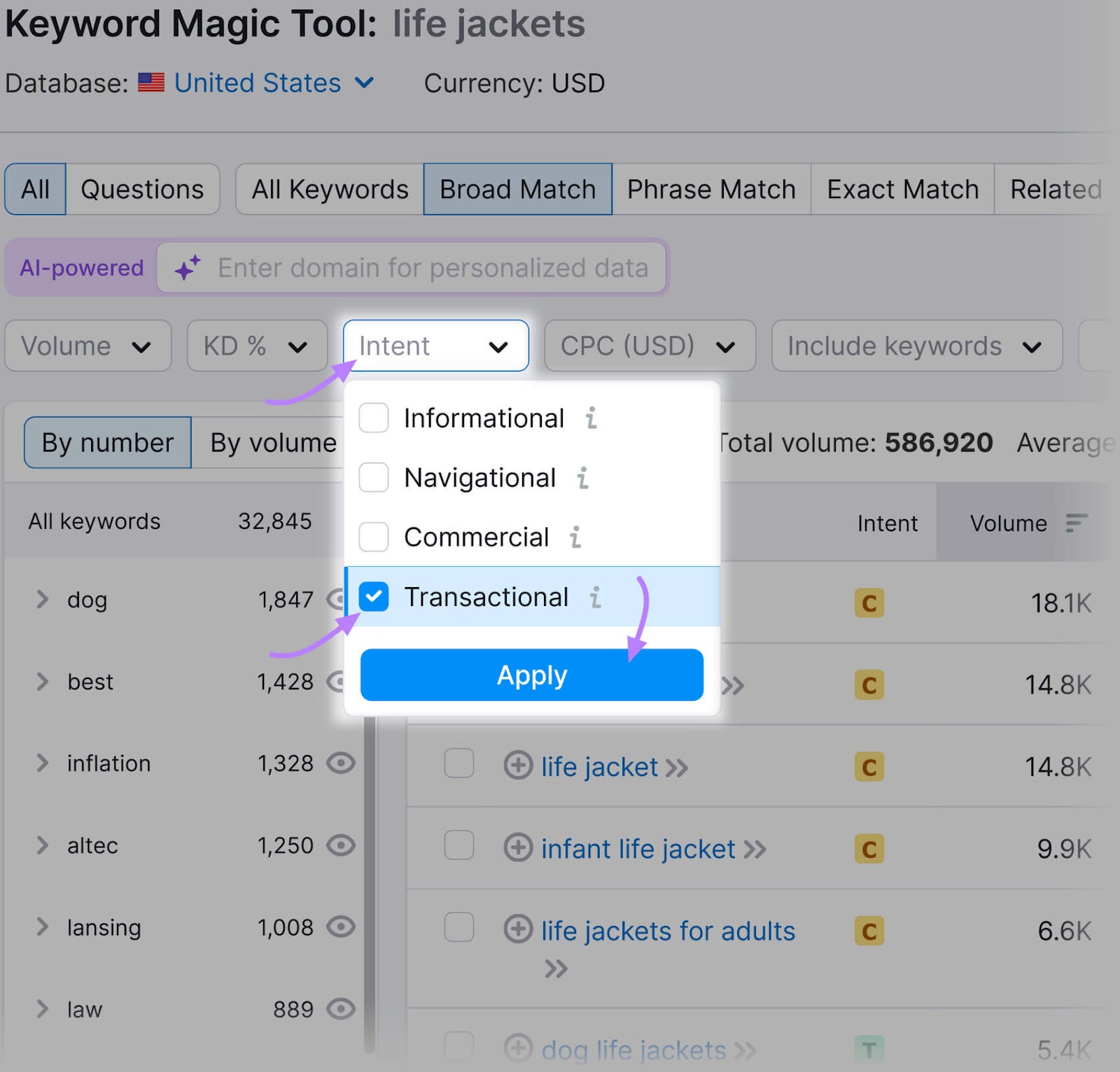 关键字魔术工具 interface displaying intent filter options, with 