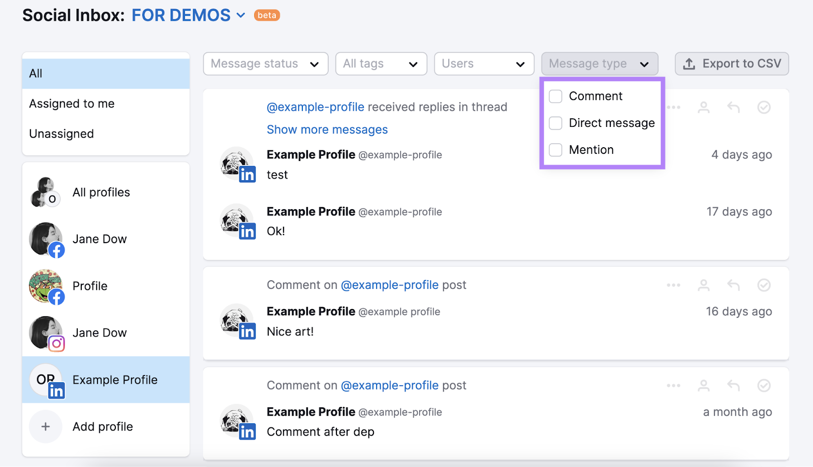 Semrush 社交收件箱 tool showing 领英 interface with comments, DMs and mentions displayed