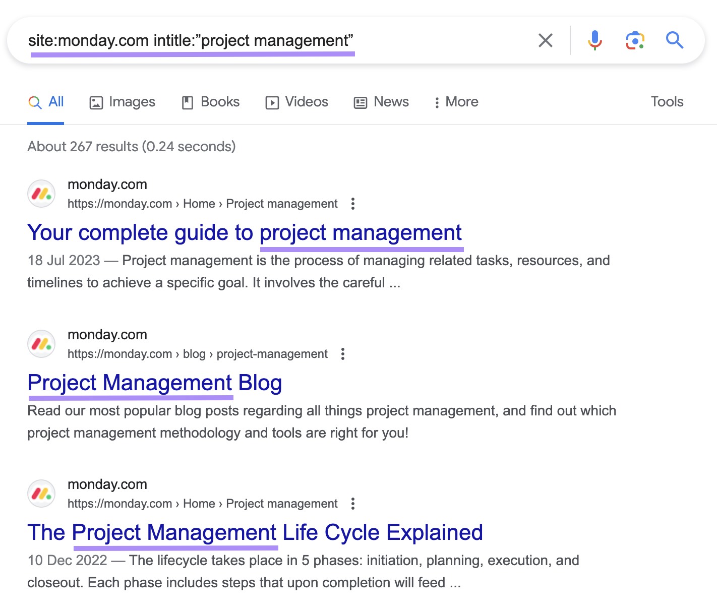 Google's SERP for “网站:monday.com 标题,标题:”project management”” search query