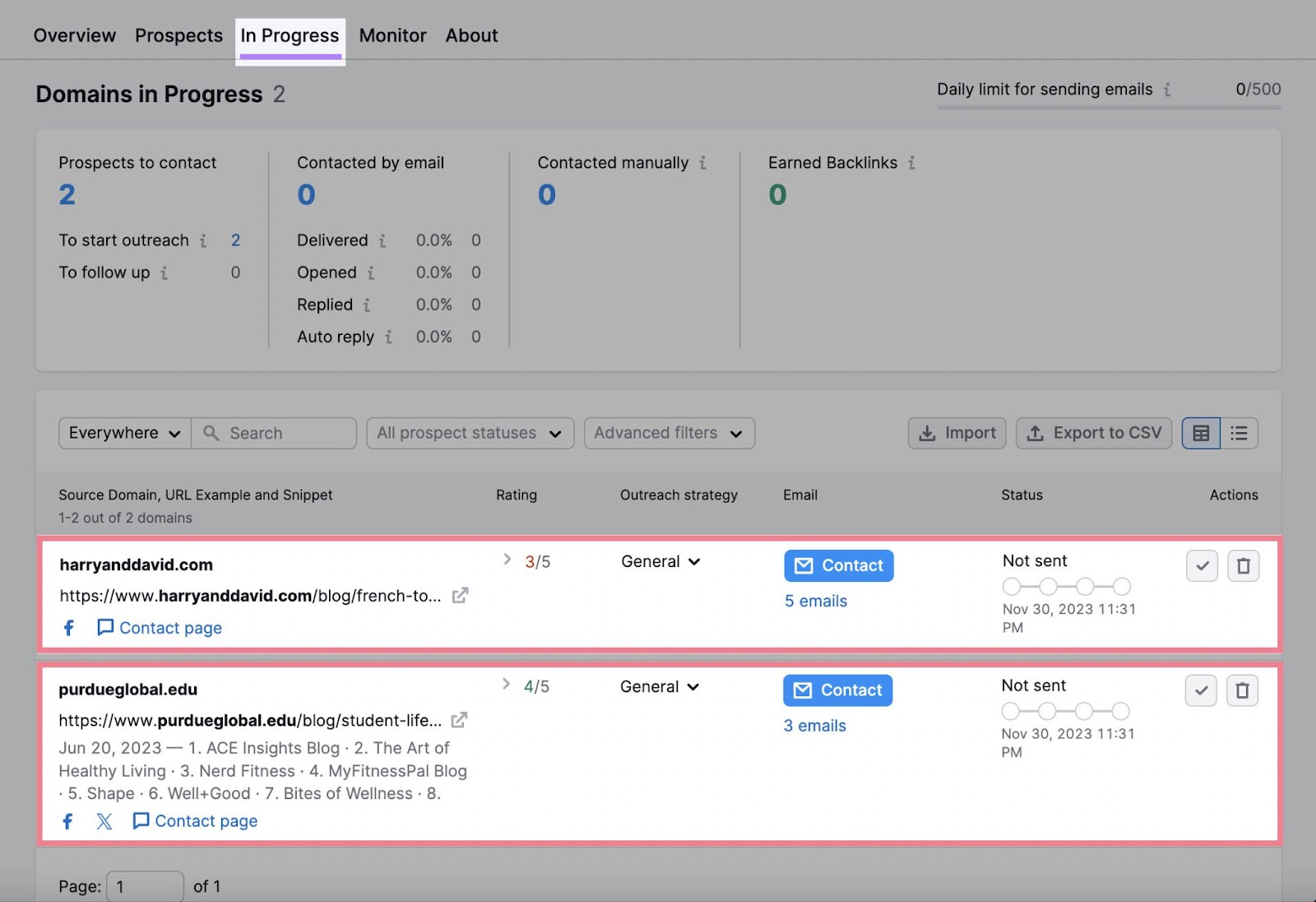 “In Progress” tab in the Link Building tool