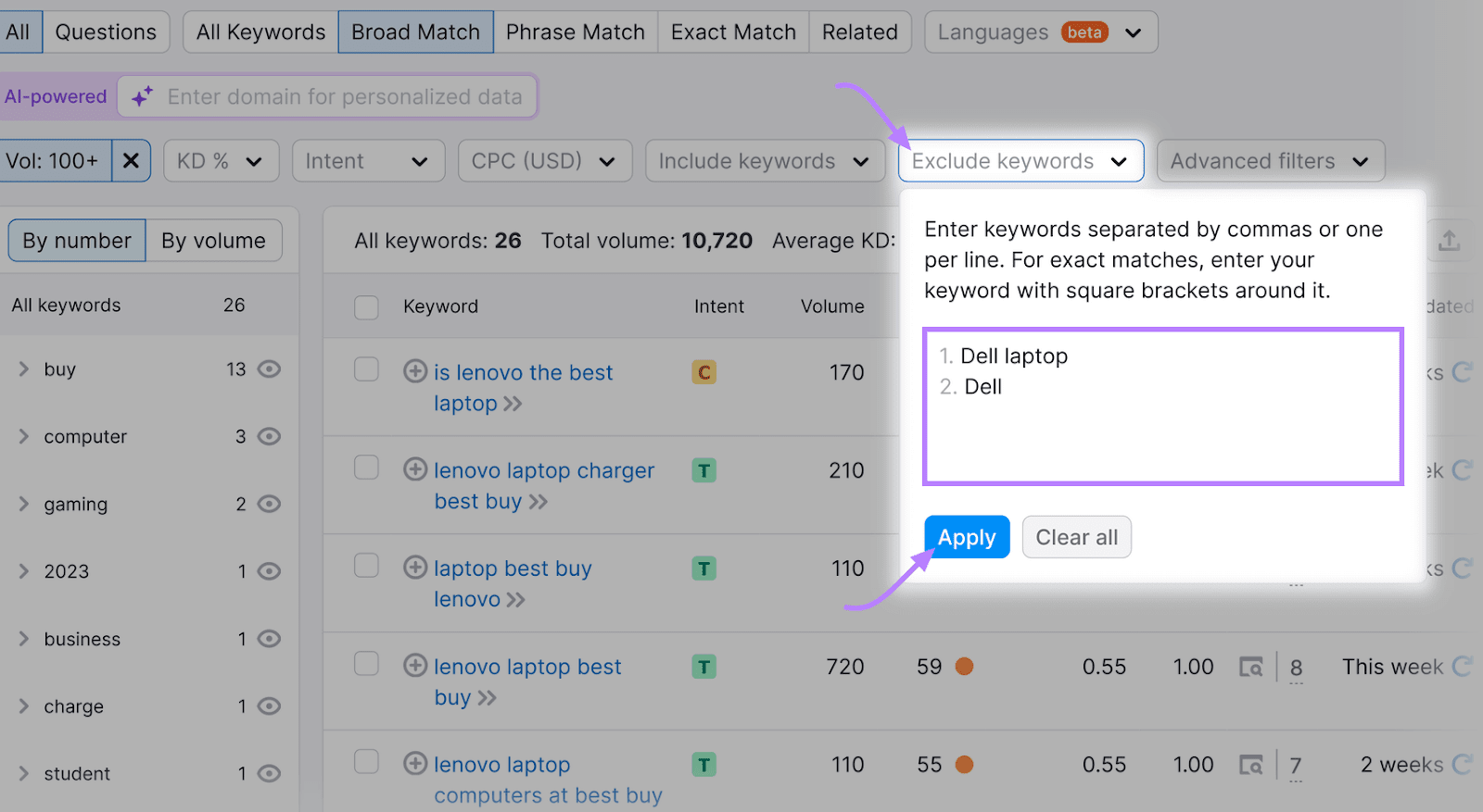 关键字魔术工具 interface with an open filter window containing excluded keywords 