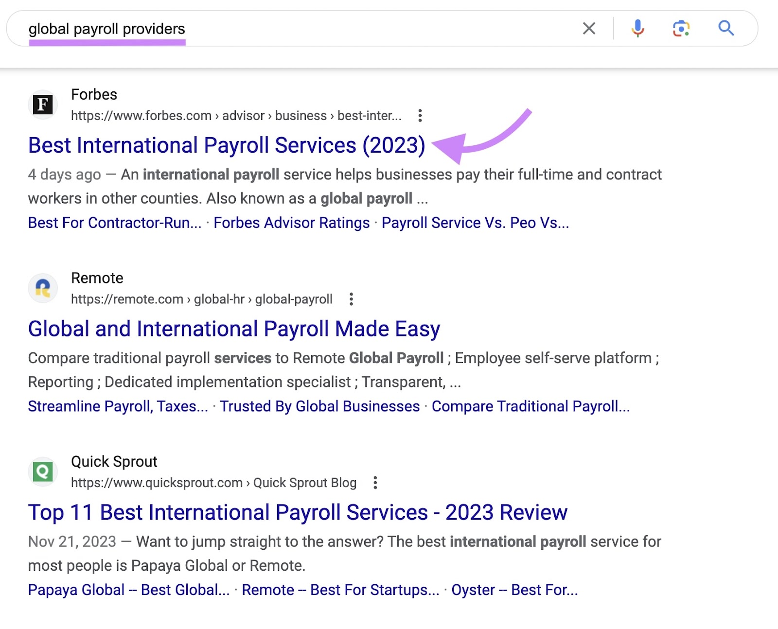 Google's SERP for “global payroll providers