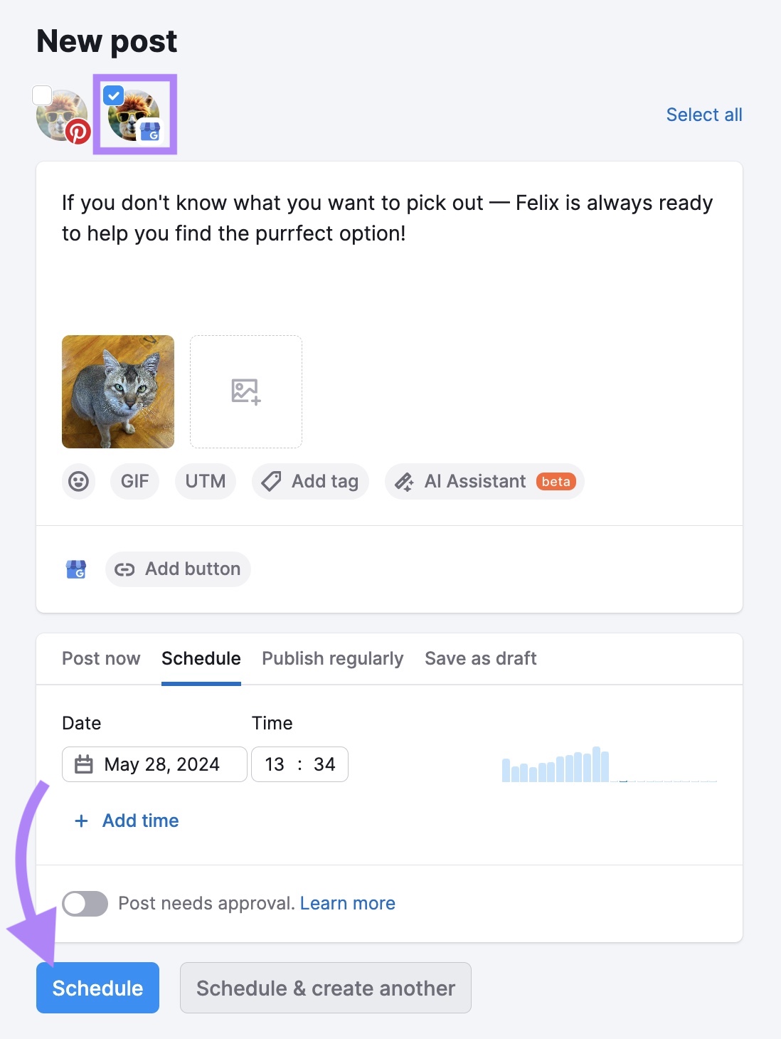 Semrush社会Poster interface for scheduling a new post.