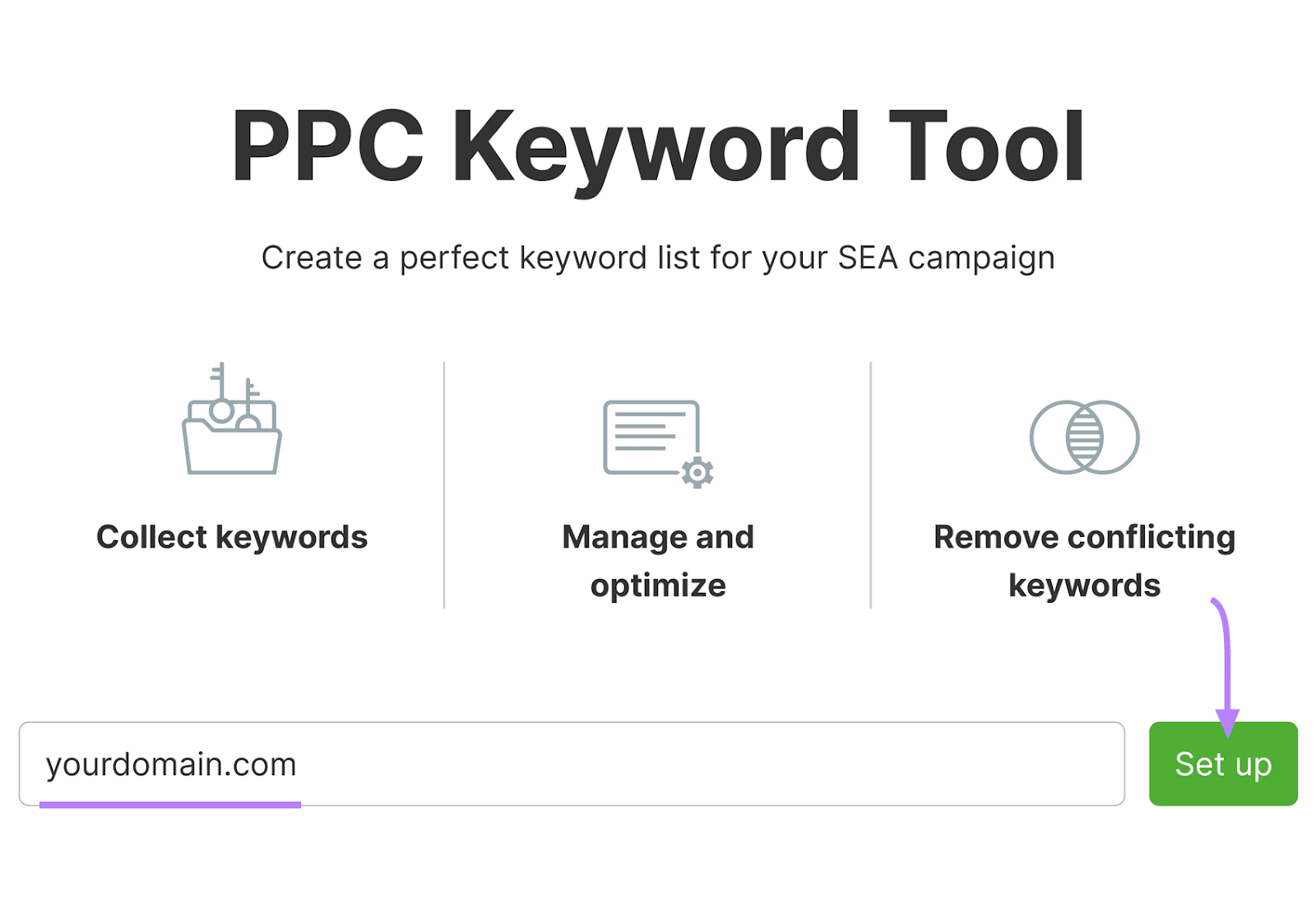 Interface showing a three-step process for a PPC关键字工具 alongside a domain input field, and a 