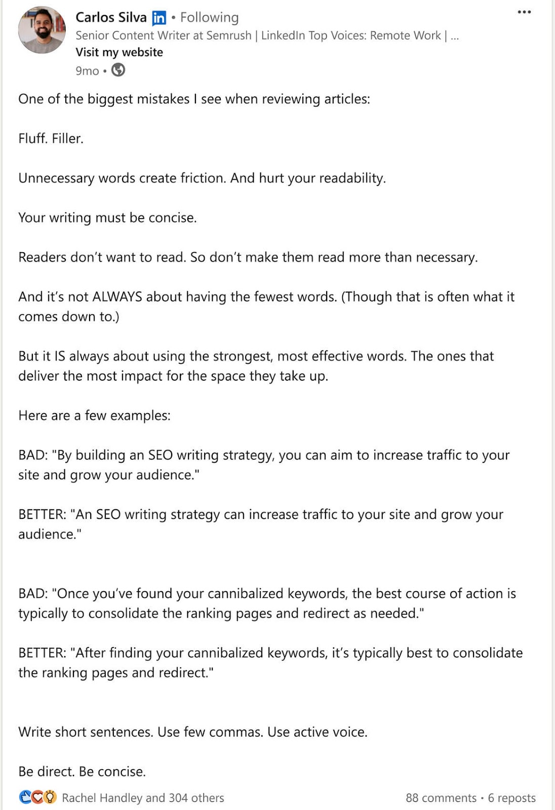 领英 post from Carlos Silva, senior content writer at Semrush, on one of the biggest mistakes when writing content