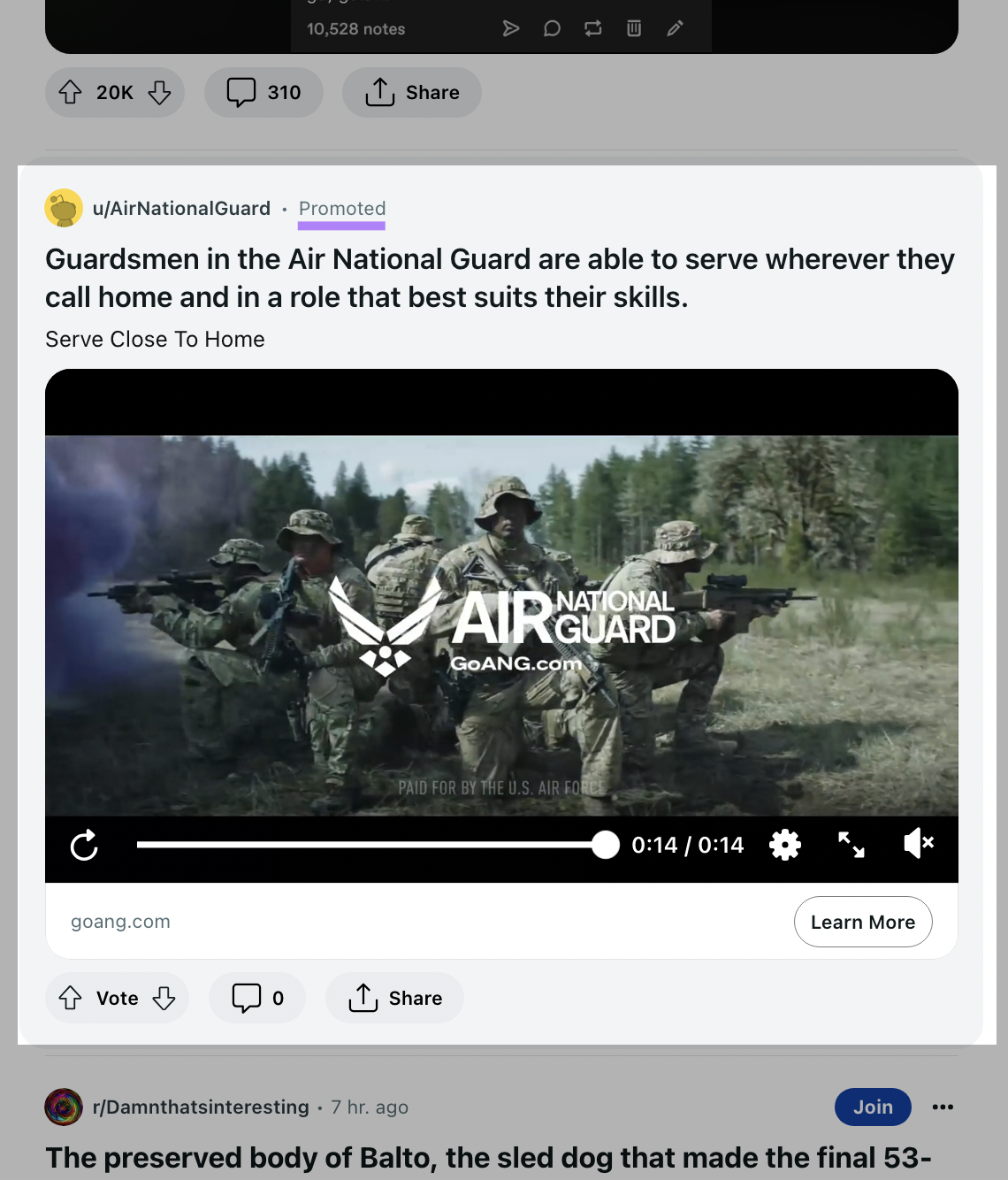 An example of a feed placement of Reddit ad with 
