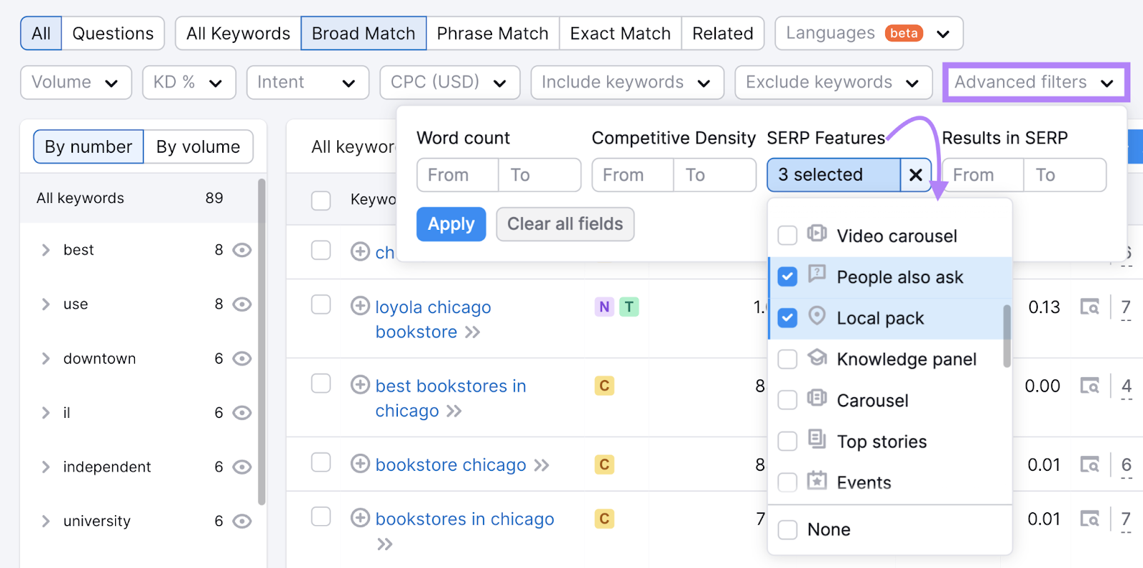 people also ask and 本地包装 options selected from serp features filter