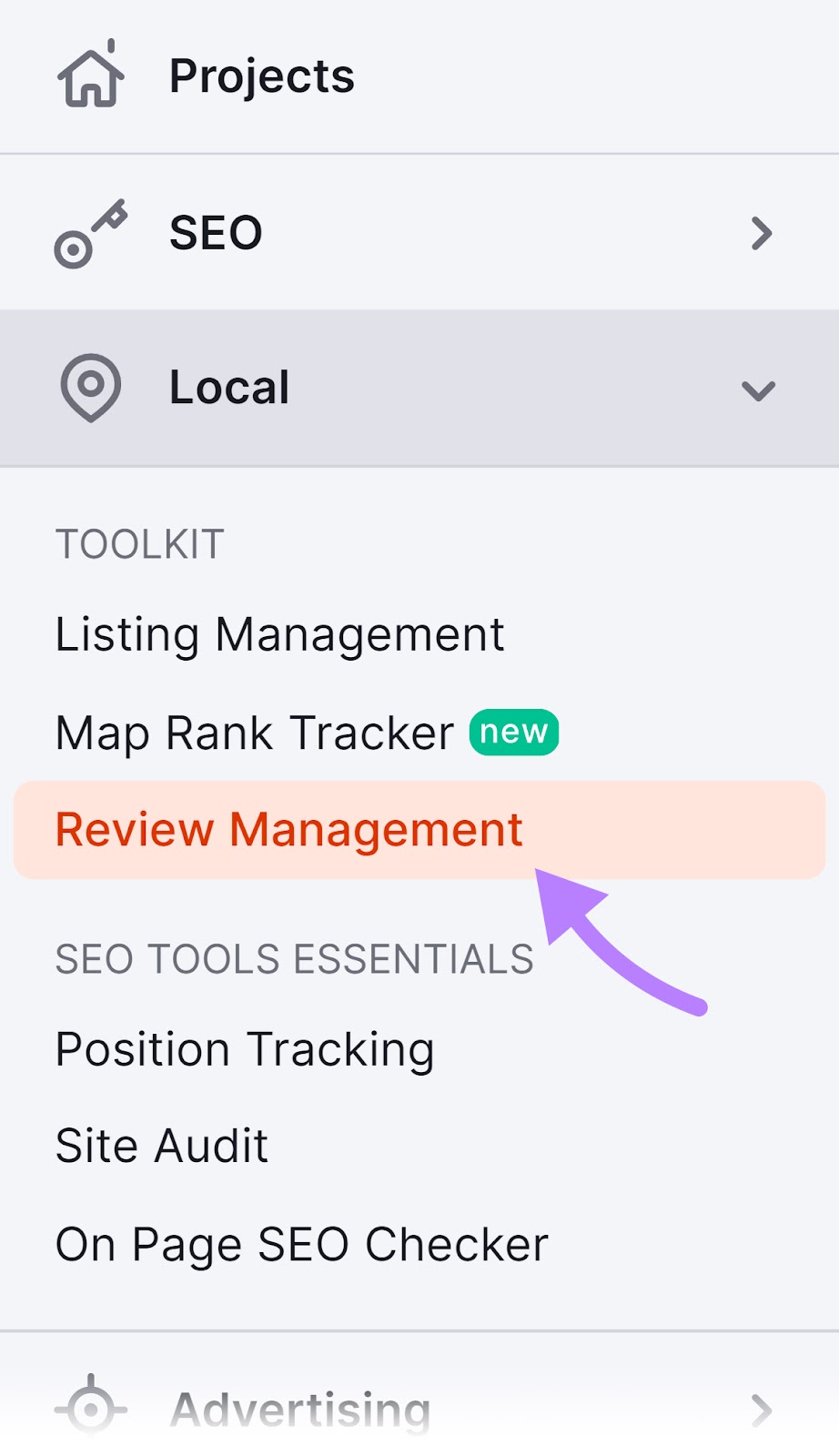 Navigating to “检讨及管理” in Semrush menu.