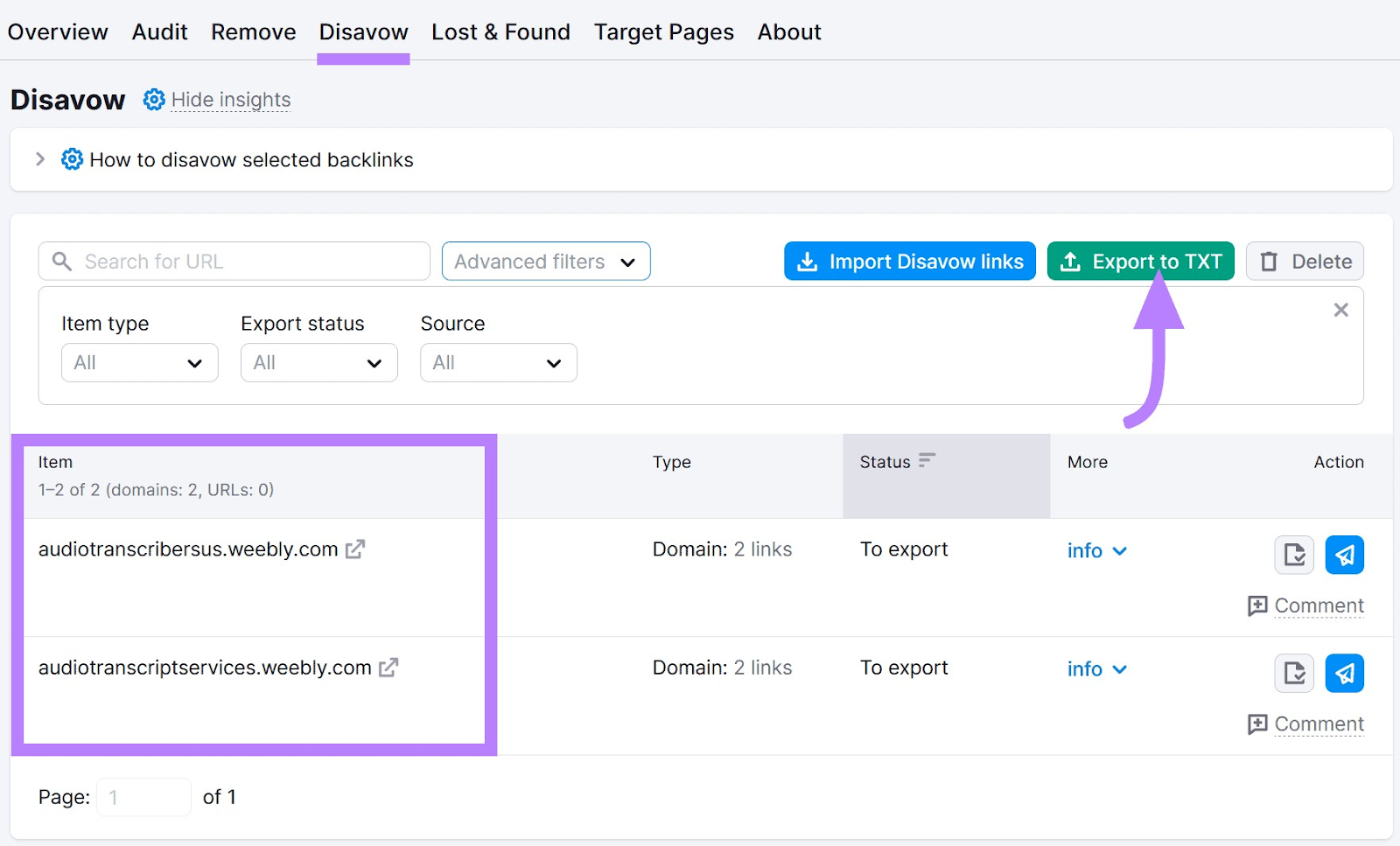 “Disavow” section in 反向审计 tool