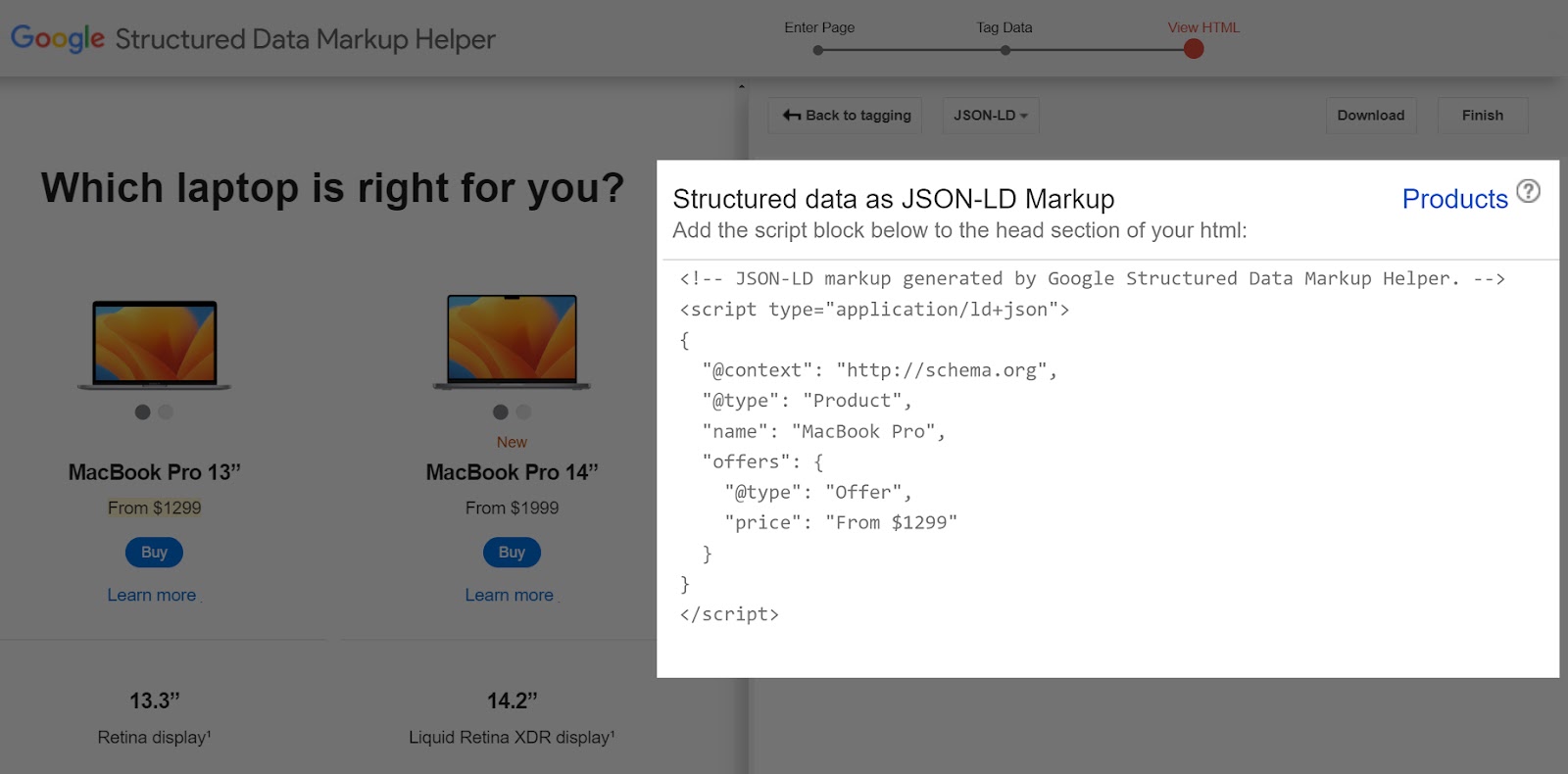 Google 结构化数据标记助手 tool with the JSON-LD HTML Markup script highlighted.