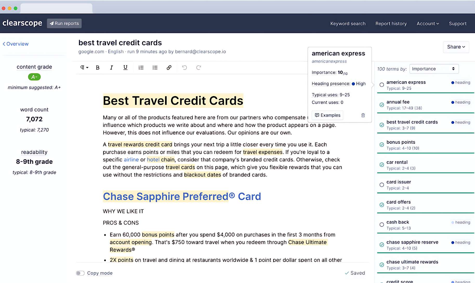 draft on best travel credit cards shown in 透明胶片 editor, with secondary keywords highlighted in yellow